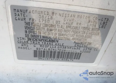 2019 Nissan Versa 1.6 Sv from USA, damaged, VIN 3N1CN7APXKL808674